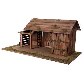 Cabana de madeira com estábulo 31x70x35 cm para presépio com figuras de 15 cm de altura média