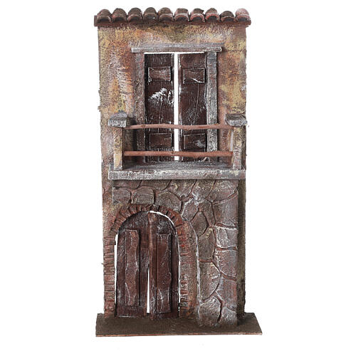 Fachada de casa com porta, janela e balcão cenário para presépio de Natal com figuras altura média 12 cm 1