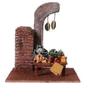 Cenário loja do verdureiro com verduras e legumes para presépio com figuras de altura média 11 cm; medidas: 19x17,5x12 cm