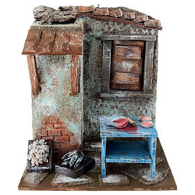 Cenário casinha rústica com banca peixe para prexépio de 10-11 cm 17,5x14,5x12 cm