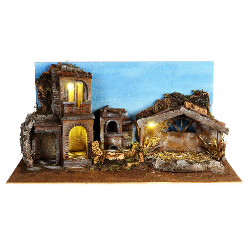 Nativity setting with lights and sky 40x75x30 cm for Nativity Scene with 10 cm characters 1