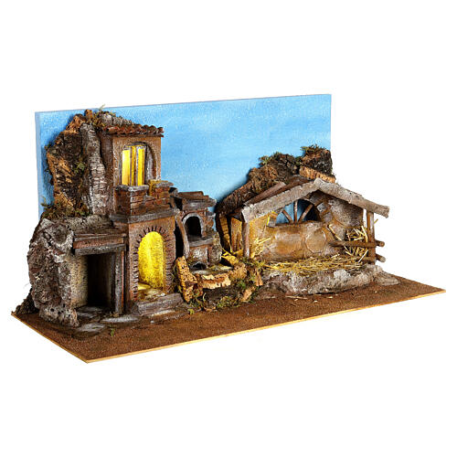 Nativity setting with lights and sky 40x75x30 cm for Nativity Scene with 10 cm characters 4