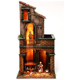 Lighted House with square base, complete with Neapolitan nativity statues