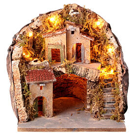 Village with stable semicircular staircase 25x25x25 cm, 1700s style Neapolitan nativity