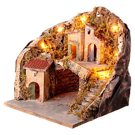 Village with grotto semicircular staircase 25x25x25 cm, 1700s style Neapolitan nativity