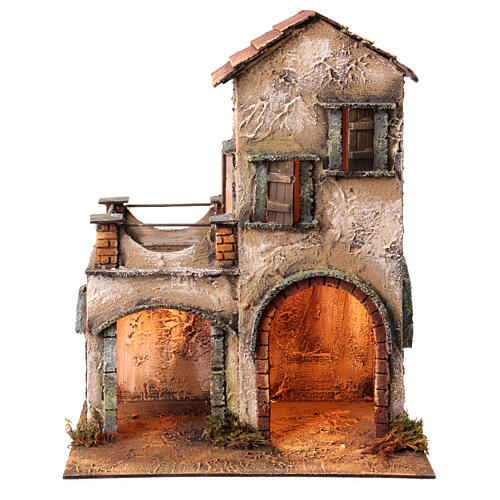 Two story building with stables, terrace and canopy for Neapolitan Nativity Scene 40x35x20 cm 1