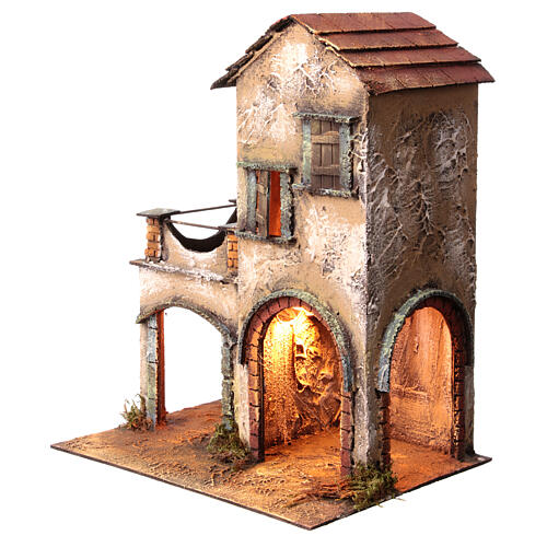 Two story building with stables, terrace and canopy for Neapolitan Nativity Scene 40x35x20 cm 2