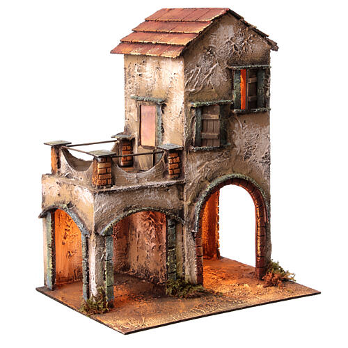 Two story building with stables, terrace and canopy for Neapolitan Nativity Scene 40x35x20 cm 3
