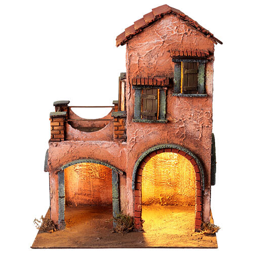 Habitation deux étages étable balcon porche crèche napolitaine 40x35x20 cm 1