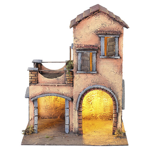 Habitation deux étages étable balcon porche crèche napolitaine 40x35x20 cm 1