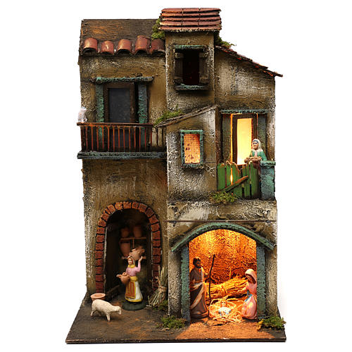 Village with stable and complete Neapolitan nativity statues, 40x30x20 cm 1