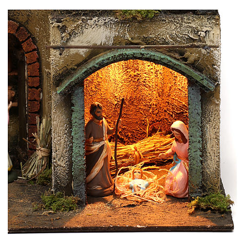 Village with stable and complete Neapolitan nativity statues, 40x30x20 cm 2