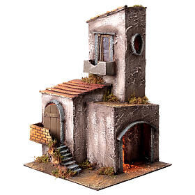 Nativity scene setting house with tower and stairs 45x30x30 cm