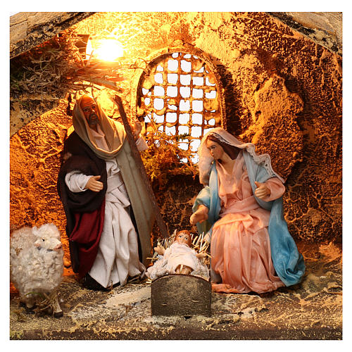 Lighted nativity stable with complete Neapolitan nativity 25x35x20 2