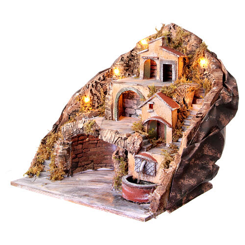 Neapolitan Nativity scene setting village with shack, fount and stairs 45x40x30 cm 3