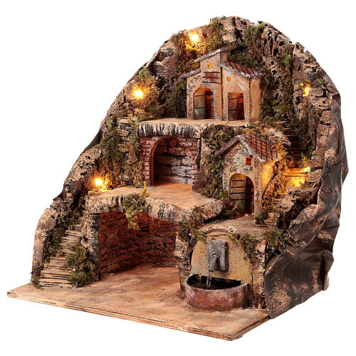 Neapolitan Nativity scene setting village with shack, fount and stairs 45x40x30 cm 3