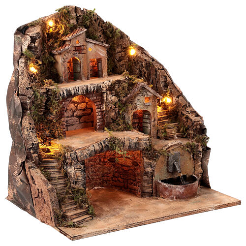 Neapolitan Nativity scene setting village with shack, fount and stairs 45x40x30 cm 5