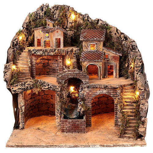 Ambientazione borgo con cascata e mulino 50x50x40 cm presepe napoletano 1