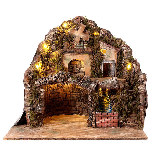 Rocky village mill and waterfall 45x50x40 cm, Neapolitan nativity setting 1