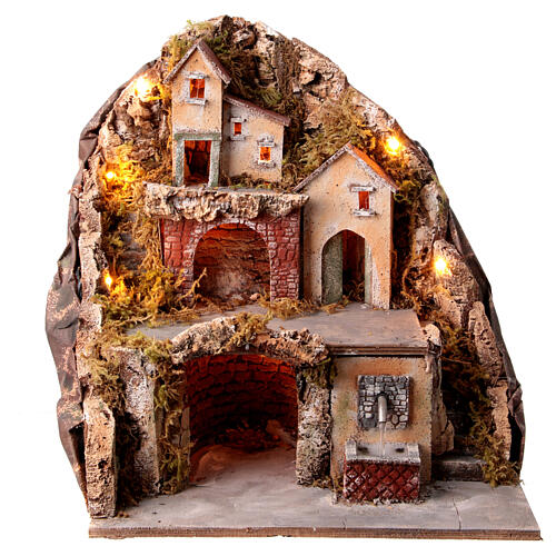 Borgo con fontana e grotta presepe napoletano 40x40x30 cm 5
