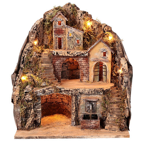 Borgo con fontana e grotta presepe napoletano 40x40x30 cm 1