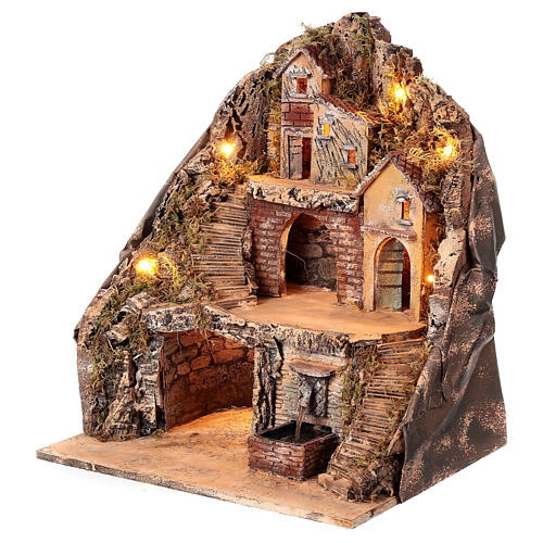 Borgo con fontana e grotta presepe napoletano 40x40x30 cm 3