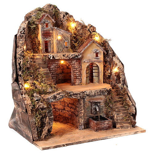 Borgo con fontana e grotta presepe napoletano 40x40x30 cm 5