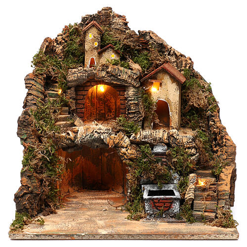 Lighted village with stable and fountain 40x40x30 cm, Neapolitan Nativity 1