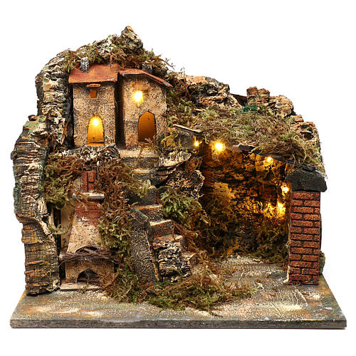 Neapolitan Nativity scene setting, village with stairs and oven 35x40x30 cm 1