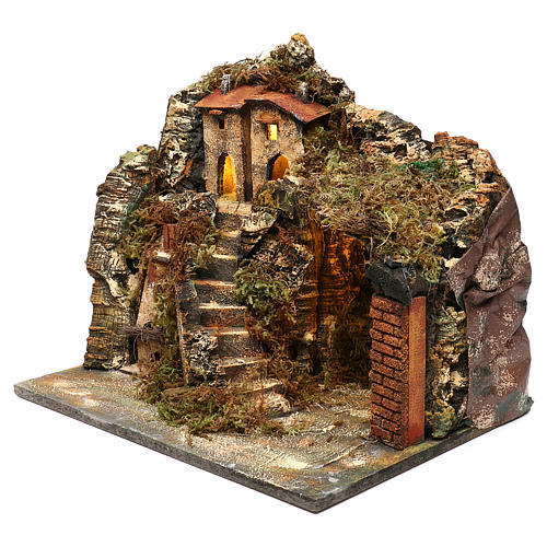 Neapolitan Nativity scene setting, village with stairs and oven 35x40x30 cm 2