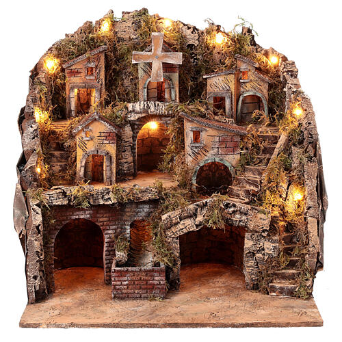 Borgo tre piani mulino e cascata presepe napoletano 50x50x40 cm 1