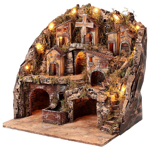 Borgo tre piani mulino e cascata presepe napoletano 50x50x40 cm 3
