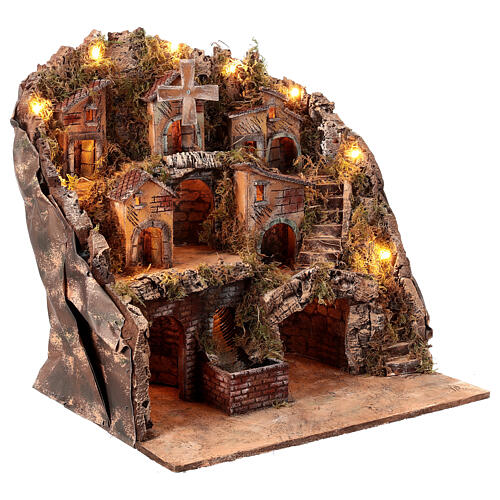 Borgo tre piani mulino e cascata presepe napoletano 50x50x40 cm 5