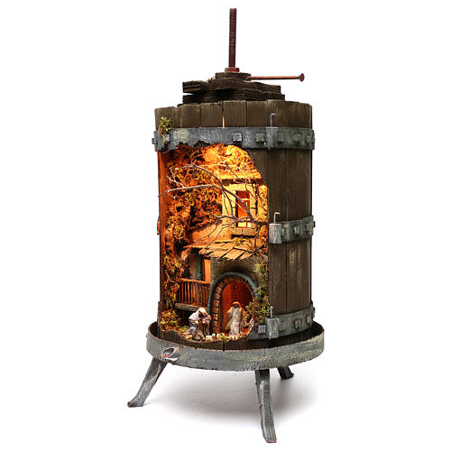 Wine press with lighted Neapolitan nativity 6 cm dimension 70x35 cm 2