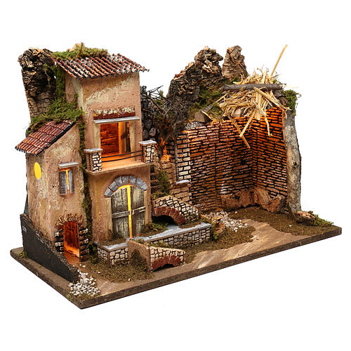 Farmhouse with balcony stall and lights, for 8 cm nativity 35x50x25 cm 3