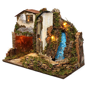 Rustic house with lights and waterfall 35x50x25 cm, for 11 nativity