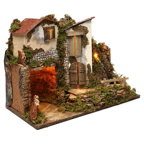Rustic house with lights and waterfall 35x50x25 cm, for 11 nativity 3