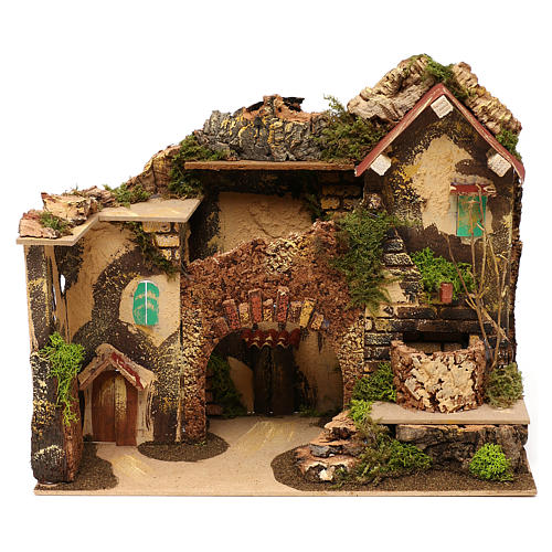 House with arch and fountain with pump 220V, for 10 cm nativity 30x30x20 cm 1