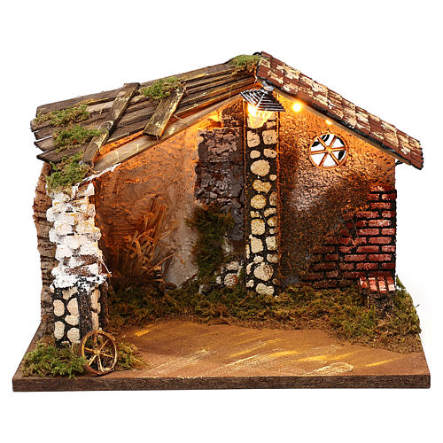 Nativity stable with moss functioning lantern 20x35x20 cm, for 13 cm nativity 1