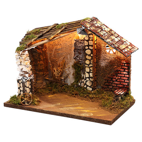 Nativity stable with moss functioning lantern 20x35x20 cm, for 13 cm nativity 2