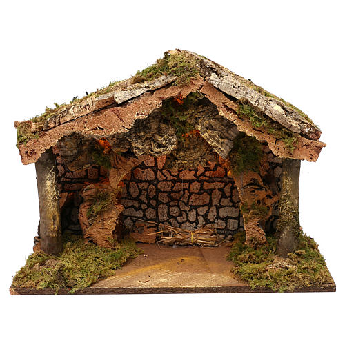 Rustic nativity stable with cork roof LED lights 40x50x25 cm, for 16 cm nativity 1