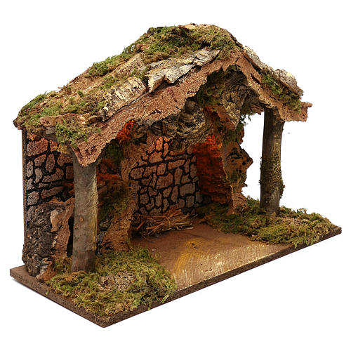 Rustic nativity stable with cork roof LED lights 40x50x25 cm, for 16 cm nativity 2