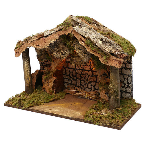 Rustic nativity stable with cork roof LED lights 40x50x25 cm, for 16 cm nativity 3