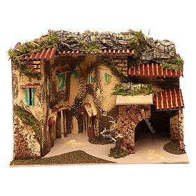 Terraced houses with 3 entrances and stable 25x35x20 cm for nativity scenes of 6-7 cm