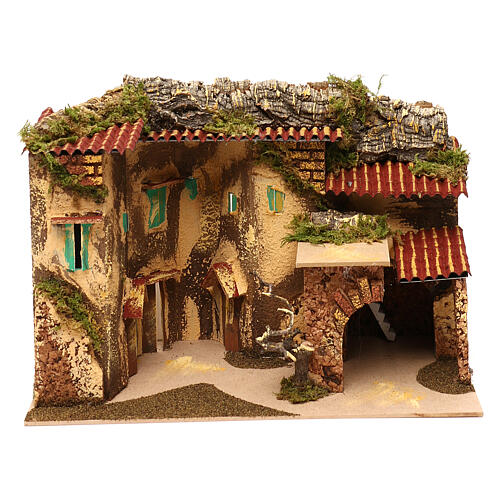 Terraced houses with 3 entrances and stable 25x35x20 cm for nativity scenes of 6-7 cm 1