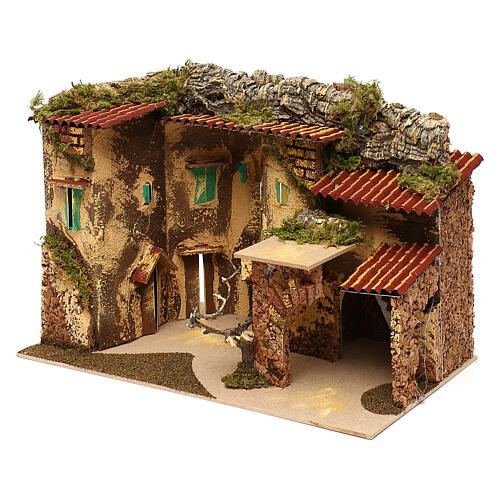 Terraced houses with 3 entrances and stable 25x35x20 cm for nativity scenes of 6-7 cm 3