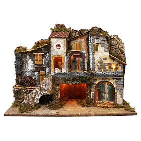 Krippenszene mit Mühle und Häusern, 60x80x45 cm