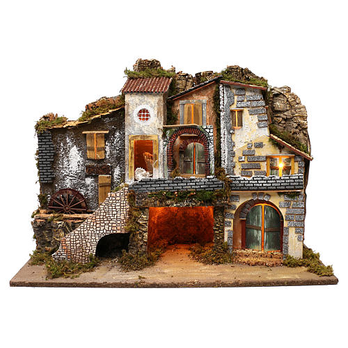 Vicoletto con mulino funzionante e capanna 60x80x45 cm presepe 10 cm 1