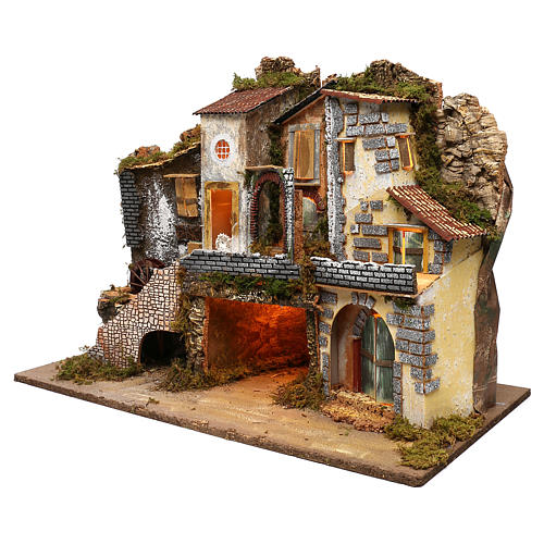 Vicoletto con mulino funzionante e capanna 60x80x45 cm presepe 10 cm 2