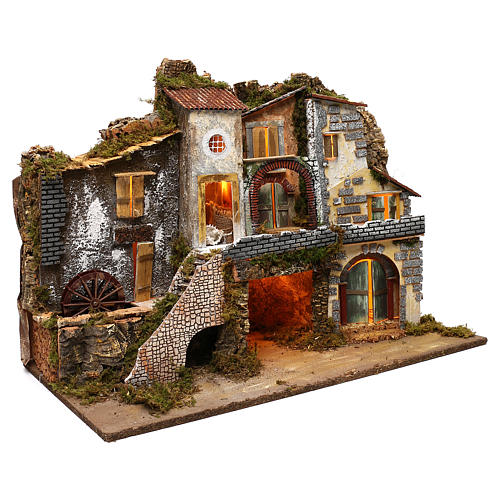Vicoletto con mulino funzionante e capanna 60x80x45 cm presepe 10 cm 3